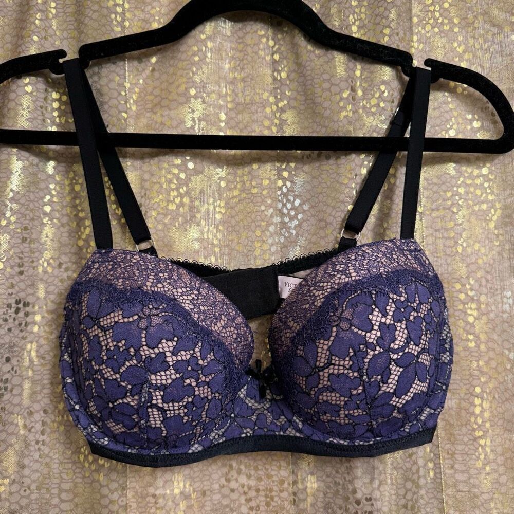 Victorias Secret Purple Black Lace Lined Demi Dream Angels Bra 34D